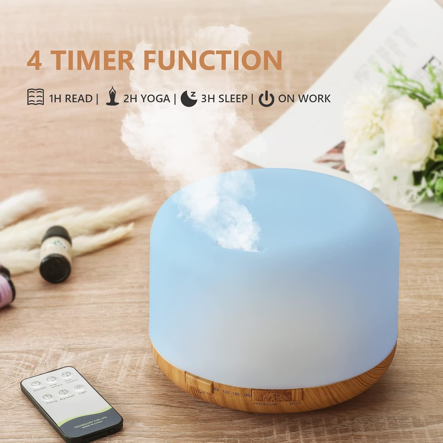 Oil Diffuser, 500Ml Essential Oil Diffusers, Aromatherapy Diffuser with 2 Mist Mode 4 Timers＆7 Ambient Light Waterless Auto Off, Diffusers Large Room Home Office