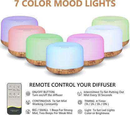 Oil Diffuser, 500Ml Essential Oil Diffusers, Aromatherapy Diffuser with 2 Mist Mode 4 Timers＆7 Ambient Light Waterless Auto Off, Diffusers Large Room Home Office